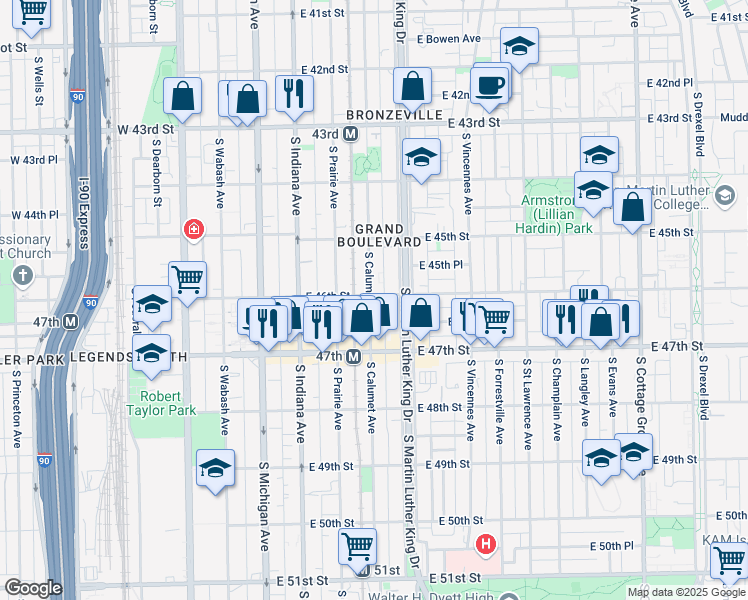 map of restaurants, bars, coffee shops, grocery stores, and more near 4603 South Calumet Avenue in Chicago