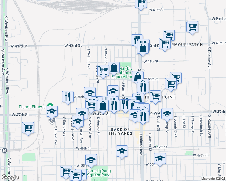 map of restaurants, bars, coffee shops, grocery stores, and more near 4538 South Hermitage Avenue in Chicago