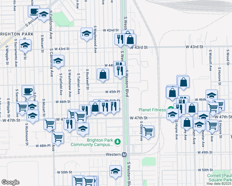 map of restaurants, bars, coffee shops, grocery stores, and more near 2421 W 45th Pl in Chicago