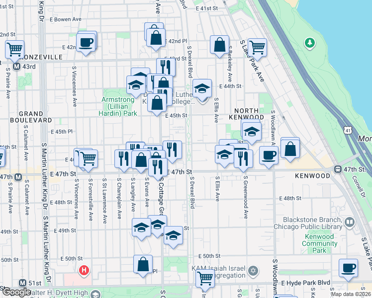 map of restaurants, bars, coffee shops, grocery stores, and more near 4608 South Drexel Boulevard in Chicago