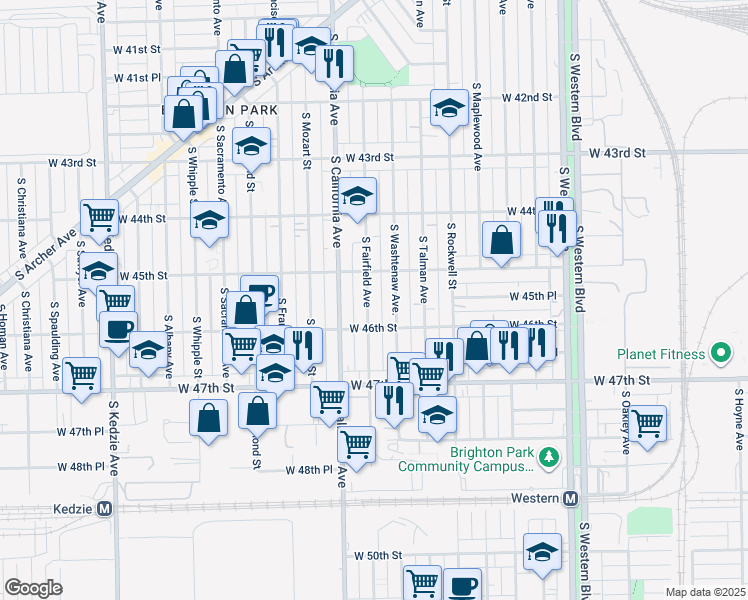map of restaurants, bars, coffee shops, grocery stores, and more near 4531 South Fairfield Avenue in Chicago