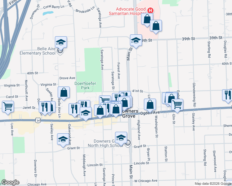 map of restaurants, bars, coffee shops, grocery stores, and more near 4200 Forest Avenue in Downers Grove