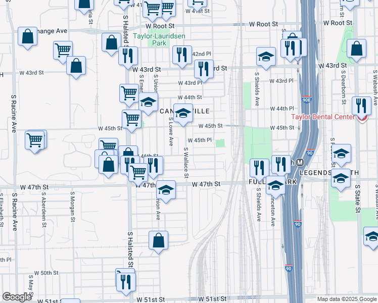 map of restaurants, bars, coffee shops, grocery stores, and more near 4555 South Wallace Street in Chicago