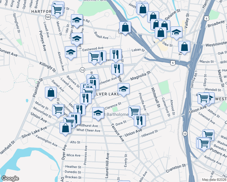 map of restaurants, bars, coffee shops, grocery stores, and more near 179 Roosevelt Street in Providence