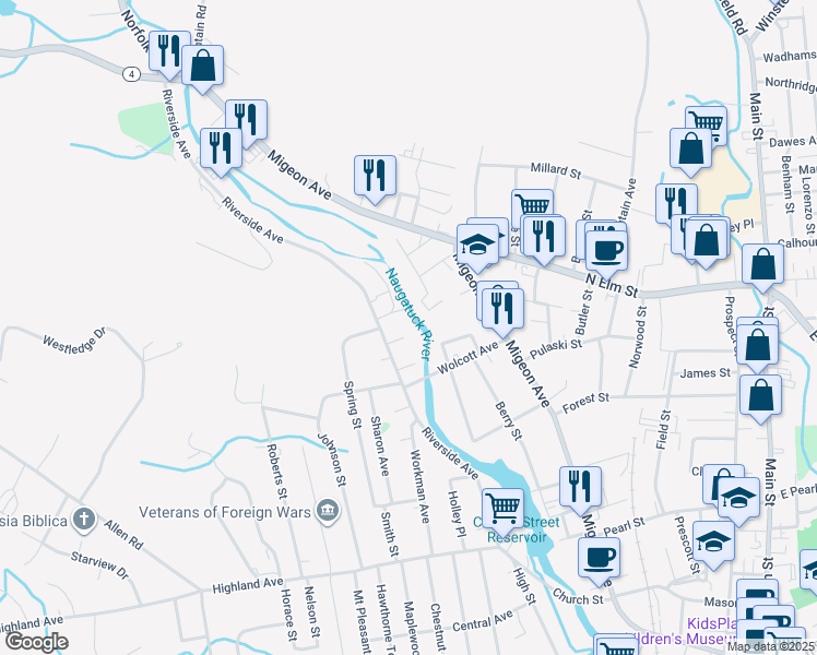 map of restaurants, bars, coffee shops, grocery stores, and more near 39 Lawn St in Torrington