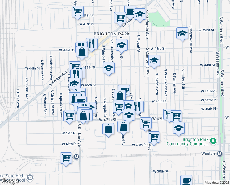 map of restaurants, bars, coffee shops, grocery stores, and more near 4525 South Sacramento Avenue in Chicago