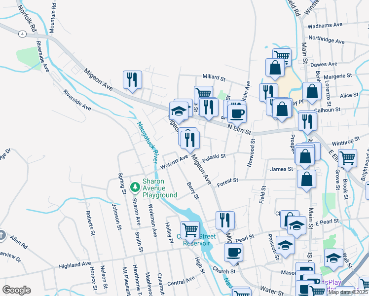 map of restaurants, bars, coffee shops, grocery stores, and more near 427 Migeon Avenue in Torrington