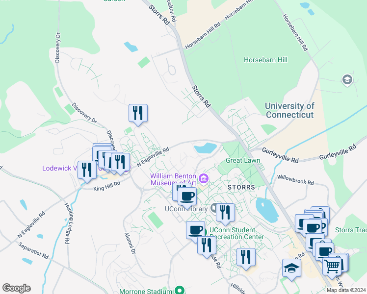 map of restaurants, bars, coffee shops, grocery stores, and more near 181 Auditorium Road in Mansfield