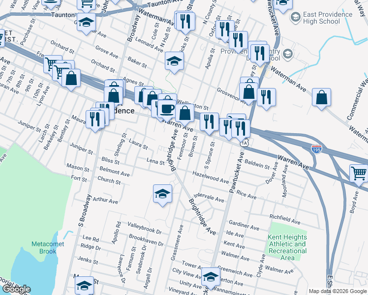 map of restaurants, bars, coffee shops, grocery stores, and more near 44 Fenmoor Street in East Providence