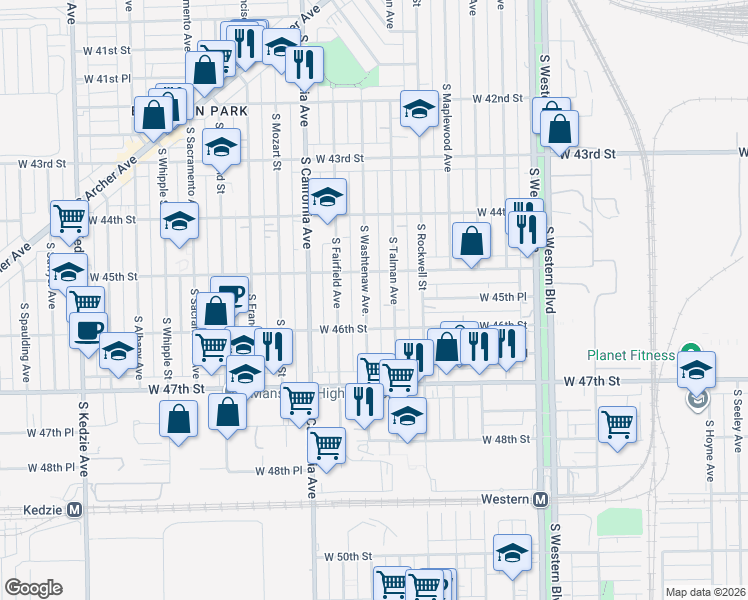 map of restaurants, bars, coffee shops, grocery stores, and more near 4529 S Washtenaw Ave in Chicago