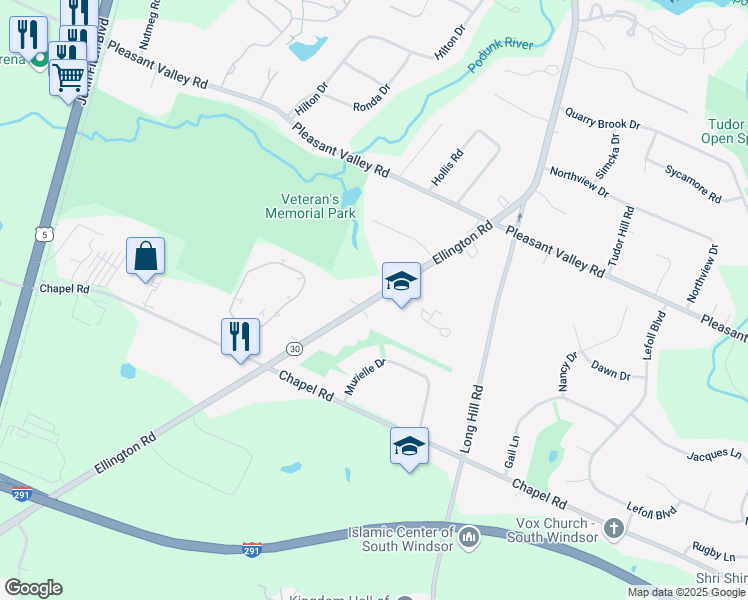 map of restaurants, bars, coffee shops, grocery stores, and more near 591 Ellington Road in South Windsor