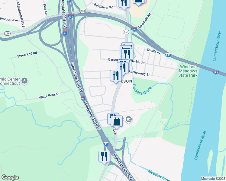 map of restaurants, bars, coffee shops, grocery stores, and more near 289 Windsor Avenue in Windsor