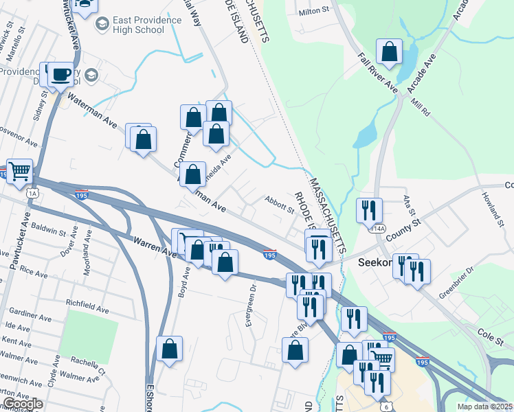 map of restaurants, bars, coffee shops, grocery stores, and more near 17 Julien Avenue in East Providence