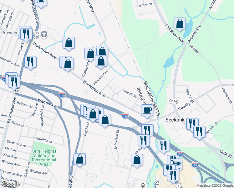 map of restaurants, bars, coffee shops, grocery stores, and more near 7 Julien Avenue in East Providence