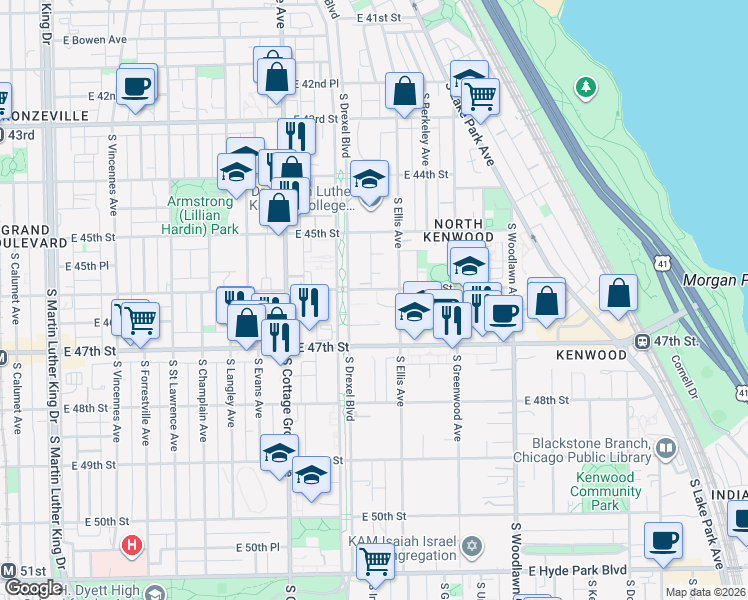 map of restaurants, bars, coffee shops, grocery stores, and more near 925 East 46th Street in Chicago