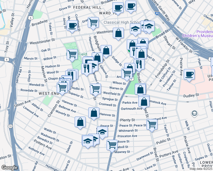 map of restaurants, bars, coffee shops, grocery stores, and more near 59 Warren Street in Providence