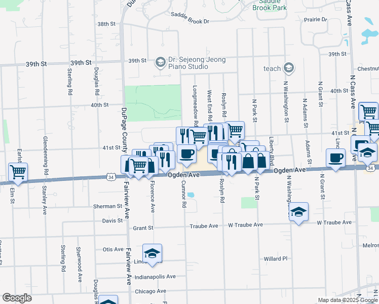 map of restaurants, bars, coffee shops, grocery stores, and more near 134 Ogden Avenue in Downers Grove