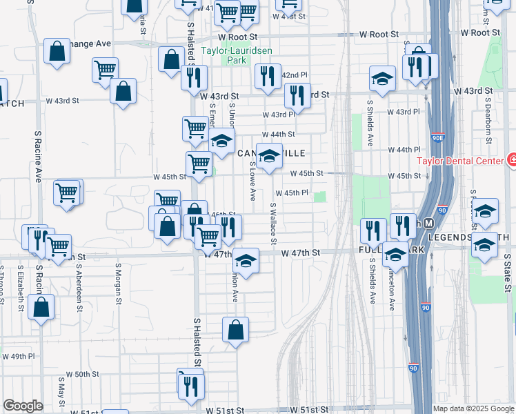 map of restaurants, bars, coffee shops, grocery stores, and more near 4553 South Lowe Avenue in Chicago