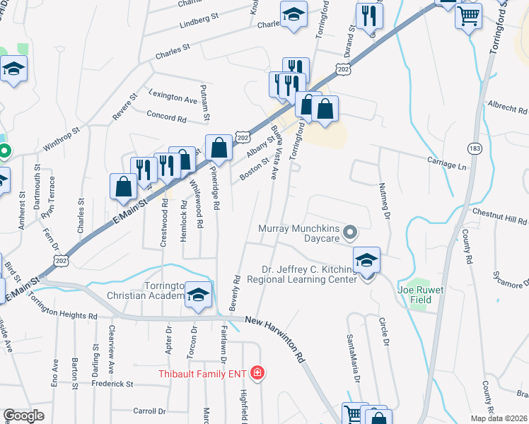 map of restaurants, bars, coffee shops, grocery stores, and more near 214 Buena Vista Avenue in Torrington