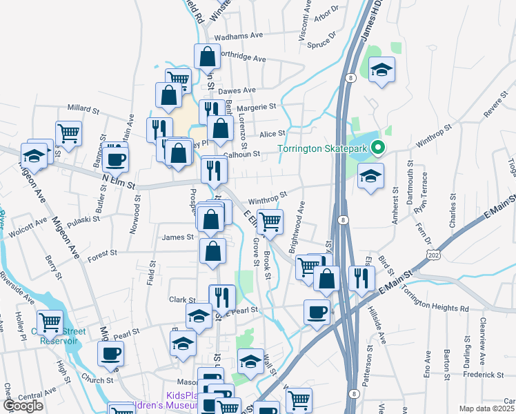 map of restaurants, bars, coffee shops, grocery stores, and more near 40 Winthrop Street in Torrington