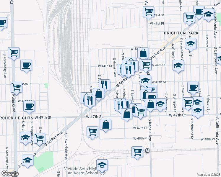 map of restaurants, bars, coffee shops, grocery stores, and more near 4538 South Archer Avenue in Chicago