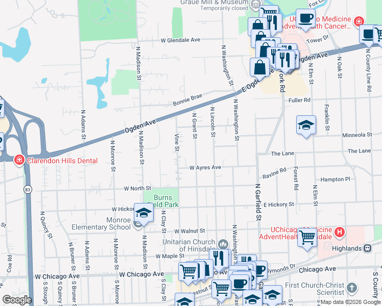 map of restaurants, bars, coffee shops, grocery stores, and more near 526 North Grant Street in Hinsdale