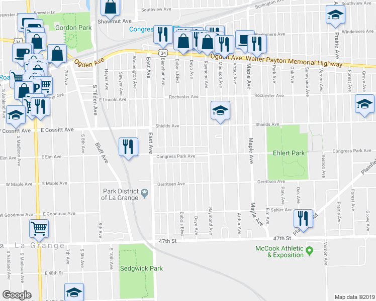 map of restaurants, bars, coffee shops, grocery stores, and more near 9434 Congress Park Avenue in Brookfield