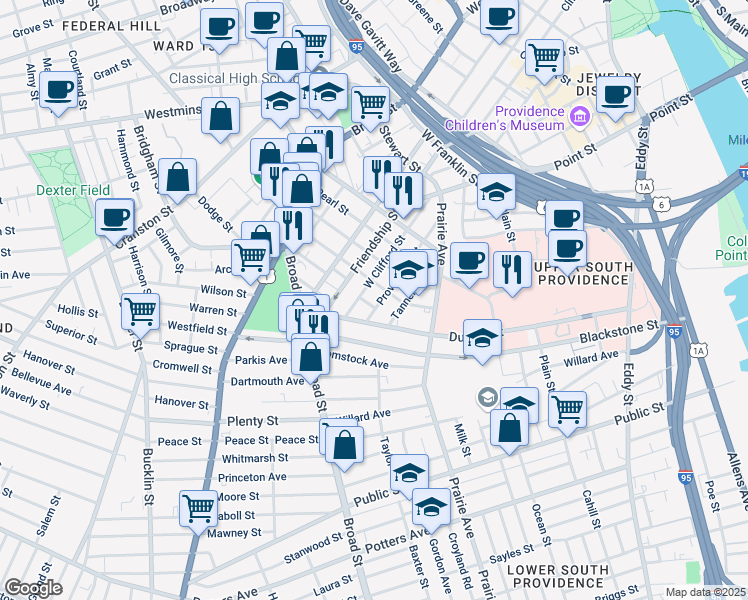 map of restaurants, bars, coffee shops, grocery stores, and more near 113 Providence Street in Providence