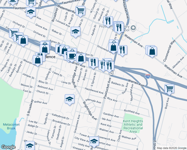 map of restaurants, bars, coffee shops, grocery stores, and more near 10 Woodland Avenue in East Providence