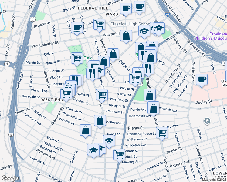 map of restaurants, bars, coffee shops, grocery stores, and more near 59 Warren Street in Providence
