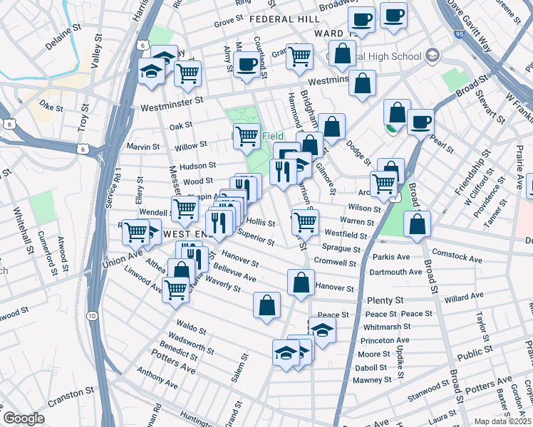 map of restaurants, bars, coffee shops, grocery stores, and more near 45 Diamond Street in Providence