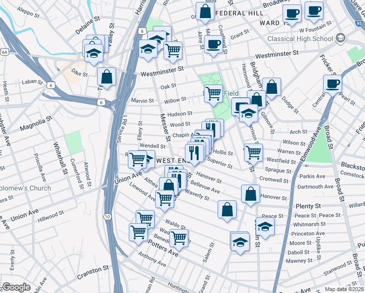 map of restaurants, bars, coffee shops, grocery stores, and more near 81 Wendell Street in Providence