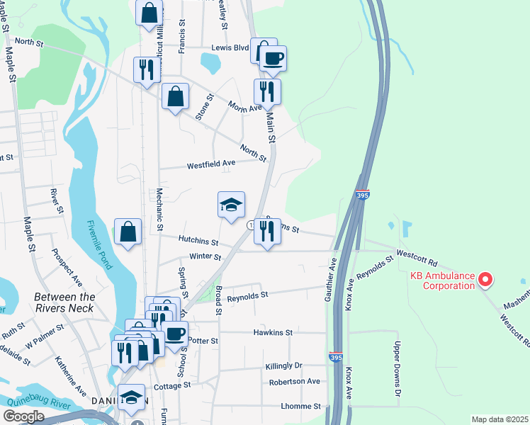 map of restaurants, bars, coffee shops, grocery stores, and more near 16 Stearns Street in Killingly