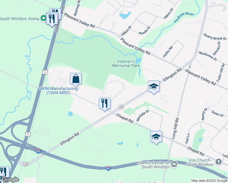 map of restaurants, bars, coffee shops, grocery stores, and more near 2 Saint Marc Circle in South Windsor