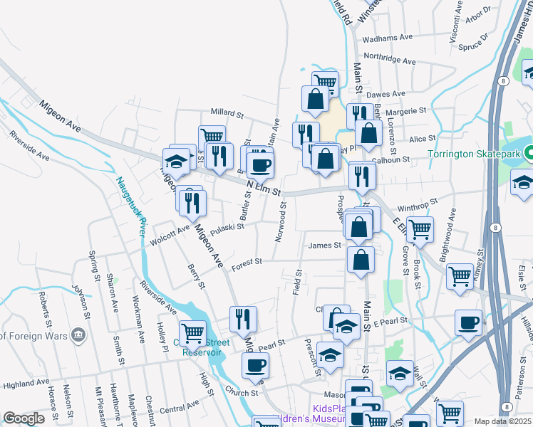 map of restaurants, bars, coffee shops, grocery stores, and more near 54 Pulaski Street in Torrington
