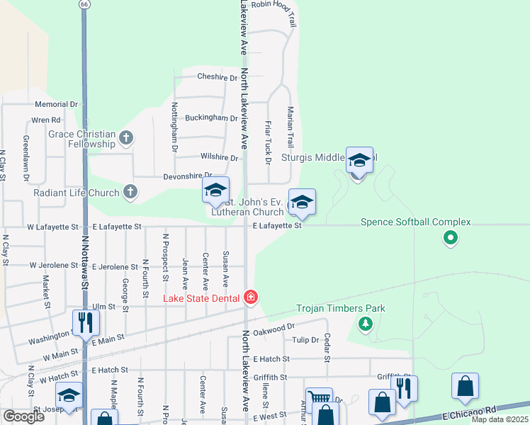map of restaurants, bars, coffee shops, grocery stores, and more near 900 East Lafayette Street in Sturgis