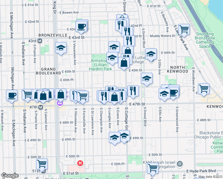 map of restaurants, bars, coffee shops, grocery stores, and more near 4604 South Langley Avenue in Chicago