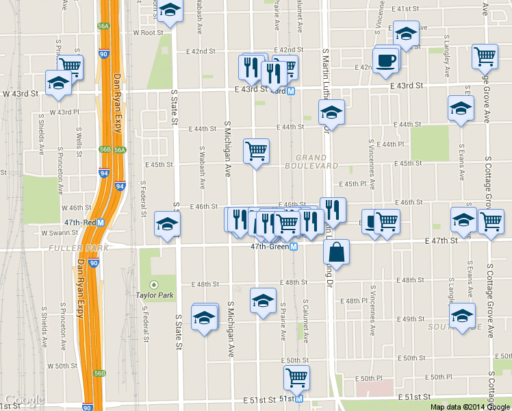 map of restaurants, bars, coffee shops, grocery stores, and more near 4601 South Indiana Avenue in Chicago