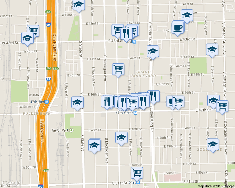 map of restaurants, bars, coffee shops, grocery stores, and more near 4601 South Indiana Avenue in Chicago
