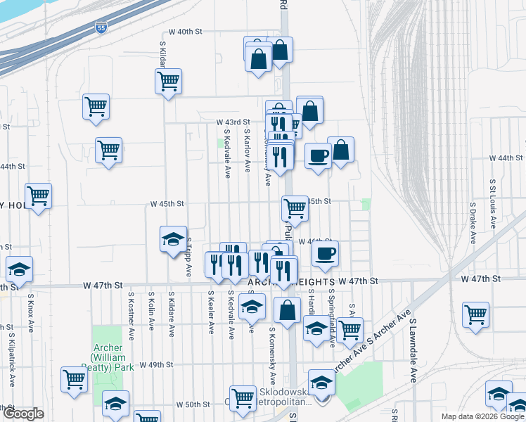 map of restaurants, bars, coffee shops, grocery stores, and more near 4515 South Karlov Avenue in Chicago