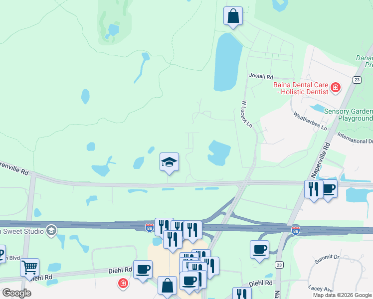 map of restaurants, bars, coffee shops, grocery stores, and more near 1151 Warrenville Road in Naperville