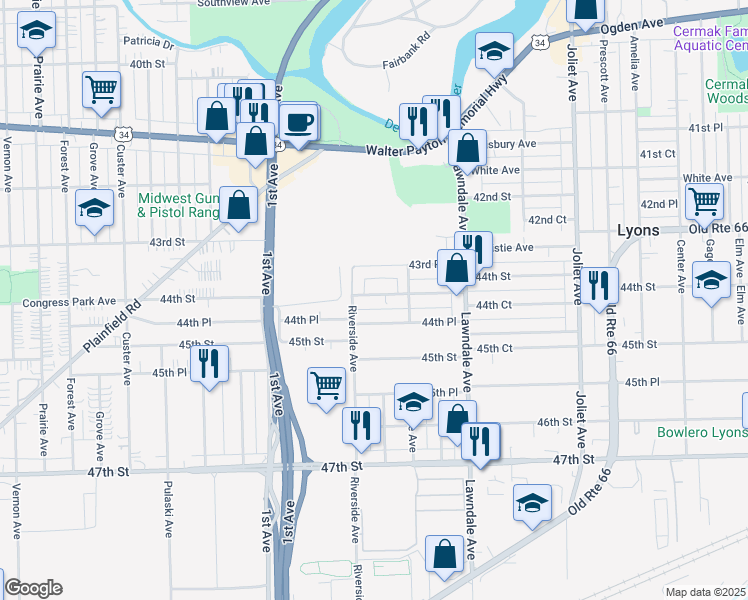 map of restaurants, bars, coffee shops, grocery stores, and more near 8329 44th Street in Lyons