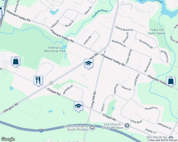 map of restaurants, bars, coffee shops, grocery stores, and more near 591 Ellington Road in South Windsor