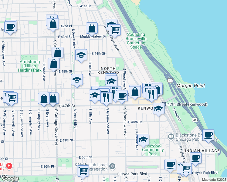 map of restaurants, bars, coffee shops, grocery stores, and more near 1119 East 48th Street in Chicago