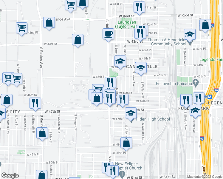 map of restaurants, bars, coffee shops, grocery stores, and more near 4549 South Halsted Street in Chicago