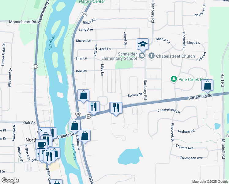 map of restaurants, bars, coffee shops, grocery stores, and more near 201 Linn Court in North Aurora
