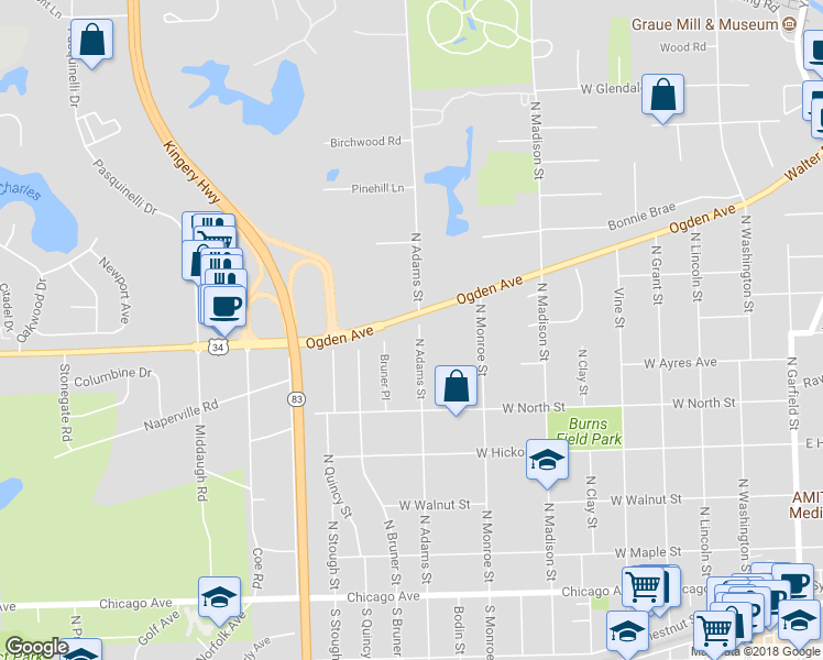 map of restaurants, bars, coffee shops, grocery stores, and more near 524 North Adams Street in Hinsdale