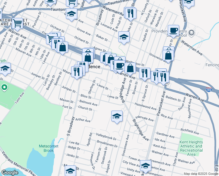 map of restaurants, bars, coffee shops, grocery stores, and more near 90 Laura St in East Providence