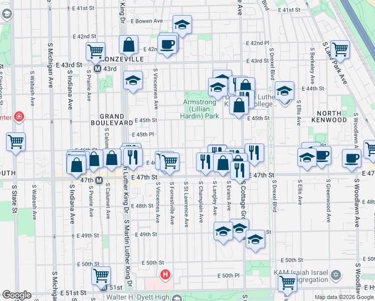 map of restaurants, bars, coffee shops, grocery stores, and more near 4609 South Saint Lawrence Avenue in Chicago