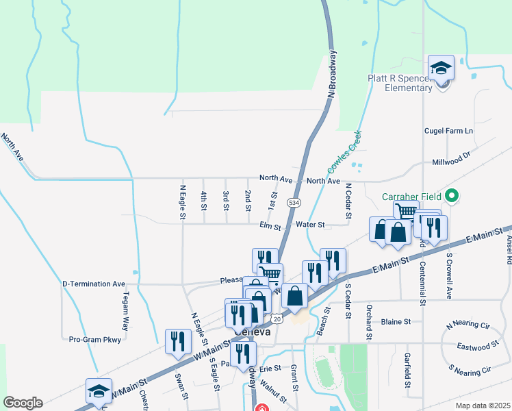 map of restaurants, bars, coffee shops, grocery stores, and more near 425 2nd Street in Geneva